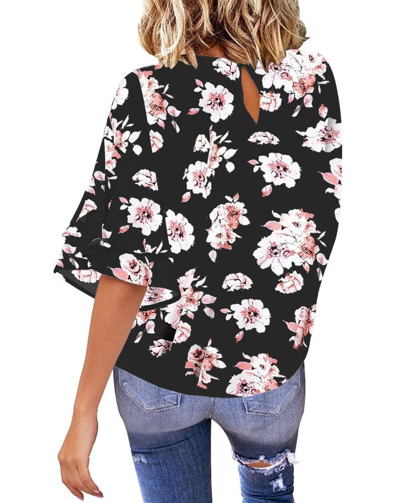 luvamia Women's Casual 3/4 Tiered Bell Sleeve Crewneck Loose Tops Blouses Shirt D Floral Print Black Size L - Image 2